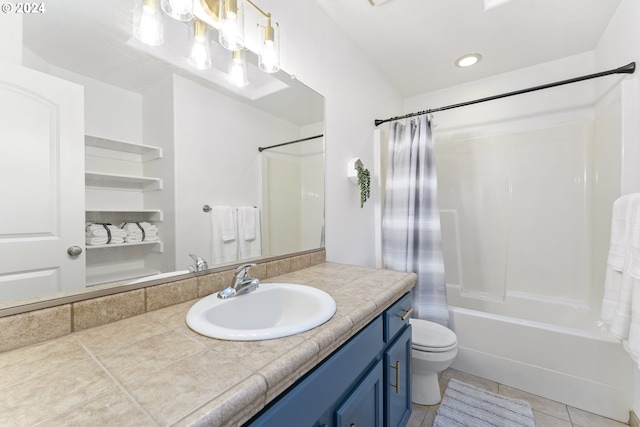 full bathroom featuring tile patterned flooring, shower / bath combination with curtain, toilet, and vanity