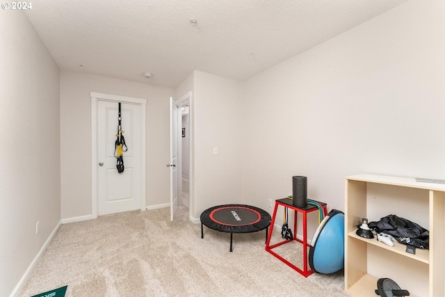 living area with light colored carpet and a textured ceiling