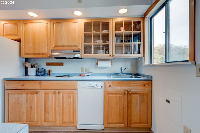 kitchen with white appliances, light brown cabinetry, and sink