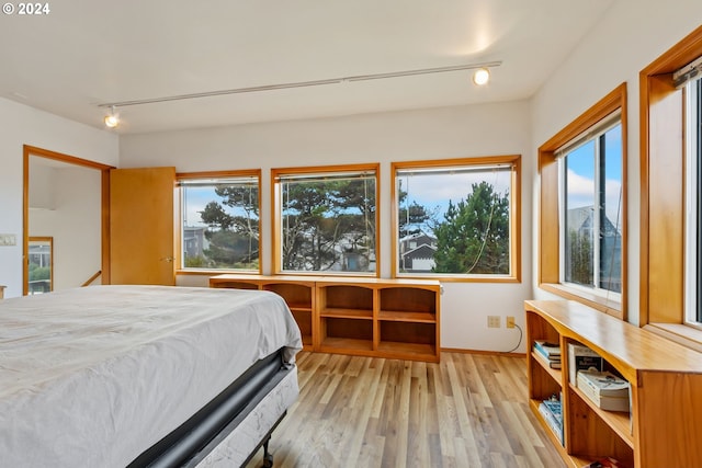 bedroom with multiple windows, rail lighting, and light hardwood / wood-style flooring