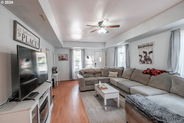 living area with visible vents, a tray ceiling, light wood-type flooring, and a ceiling fan