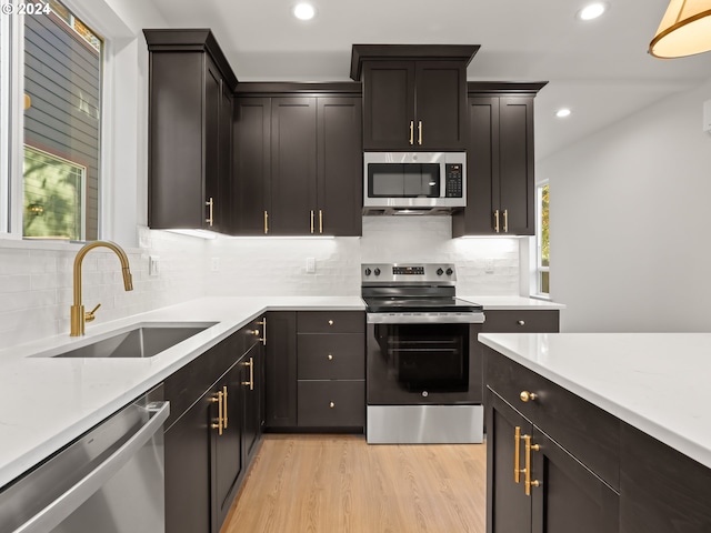 kitchen featuring dark brown cabinetry, sink, tasteful backsplash, light wood-type flooring, and appliances with stainless steel finishes