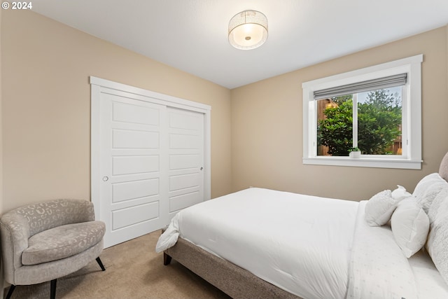 bedroom with a closet and light colored carpet