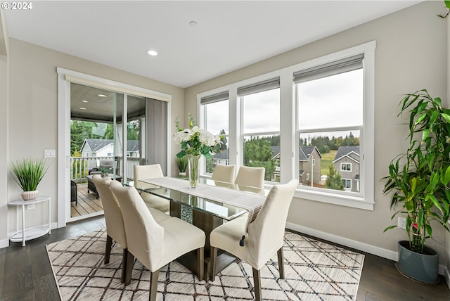 dining area with a wealth of natural light, dark wood finished floors, baseboards, and recessed lighting