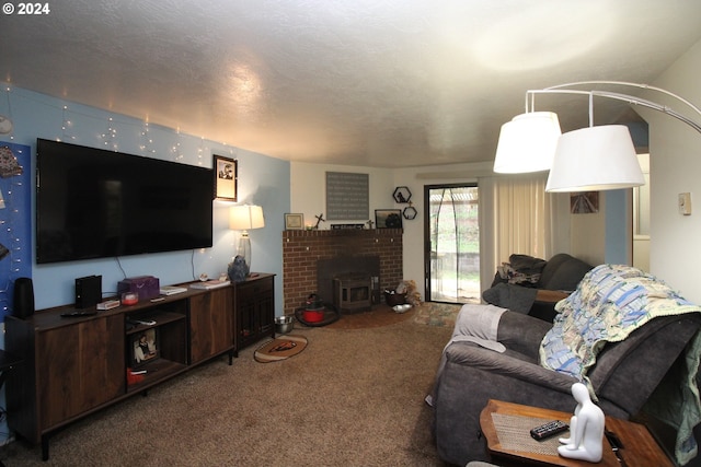 carpeted living room with a brick fireplace and a textured ceiling