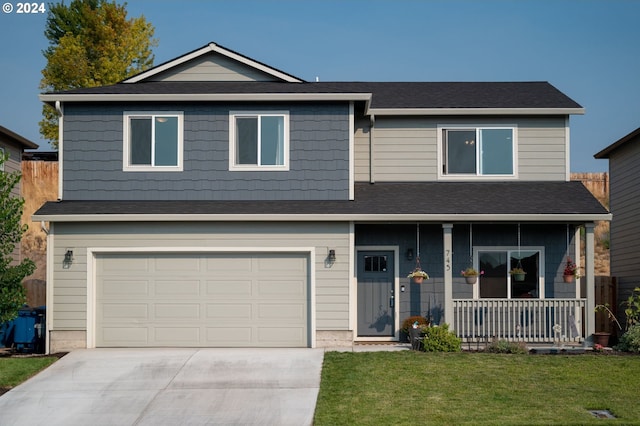 view of property with covered porch, a front yard, and a garage