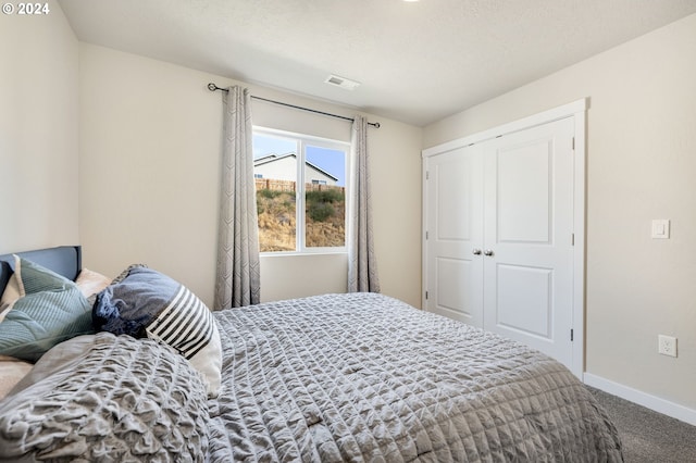 bedroom with carpet floors, a textured ceiling, and a closet