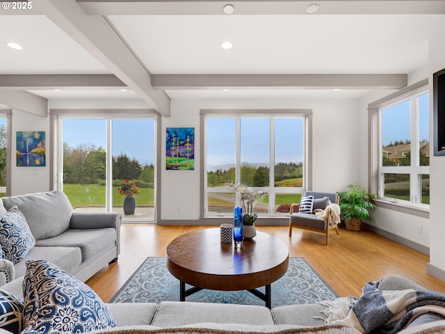 32227 Seascape Ln, Cannon Beach, OR 97110 - living room featuring beam ceiling, wood finished floors, healthy amount of natural light, baseboards, and recessed lighting