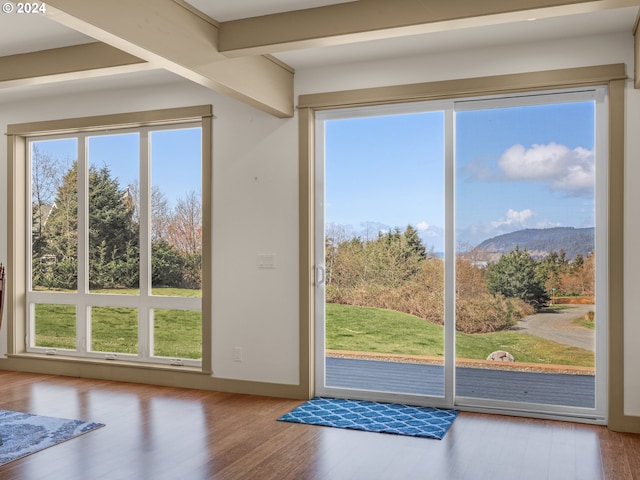 32227 Seascape Ln, Cannon Beach, OR 97110 - doorway to outside featuring healthy amount of natural light, wood finished floors, and a mountain view