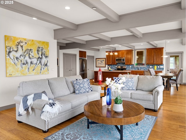 32227 Seascape Ln, Cannon Beach, OR 97110 - living area with beam ceiling, light wood-type flooring, and recessed lighting