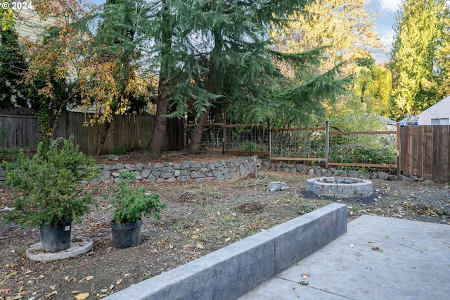 view of yard with a fire pit and a patio area