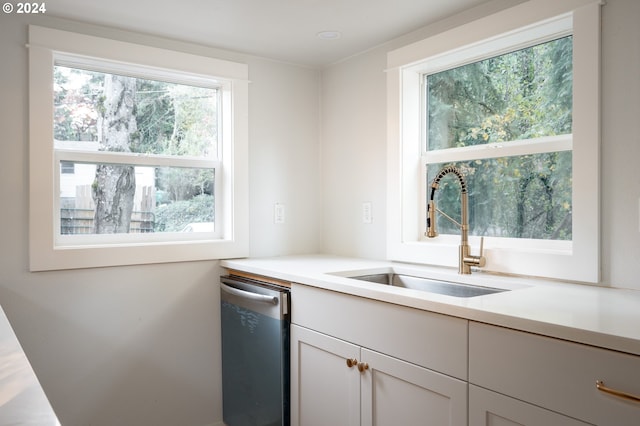 kitchen featuring white cabinetry, stainless steel dishwasher, plenty of natural light, and sink