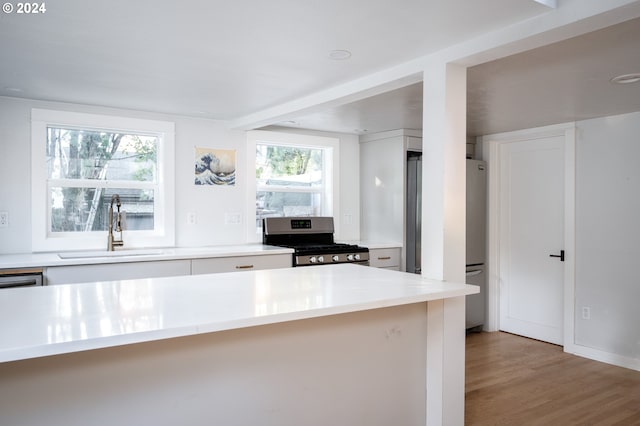 kitchen with white cabinets, stainless steel appliances, light hardwood / wood-style floors, and sink