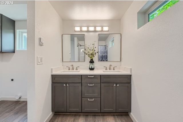 bathroom featuring vanity and hardwood / wood-style flooring