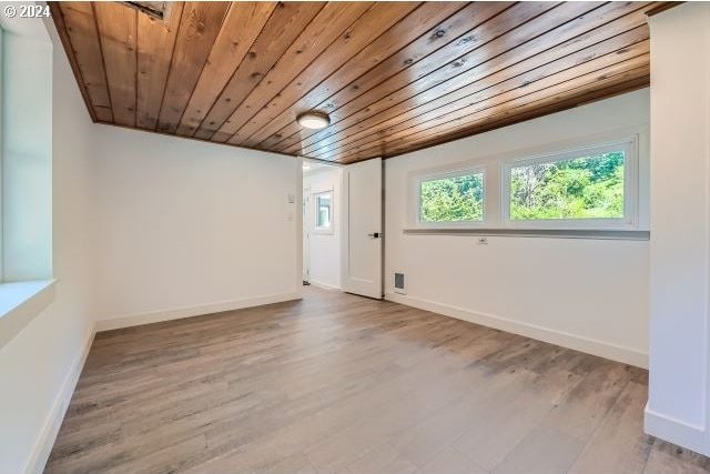 empty room featuring light hardwood / wood-style flooring and wooden ceiling