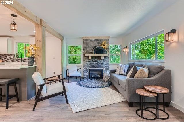 living room featuring a stone fireplace, sink, and light wood-type flooring