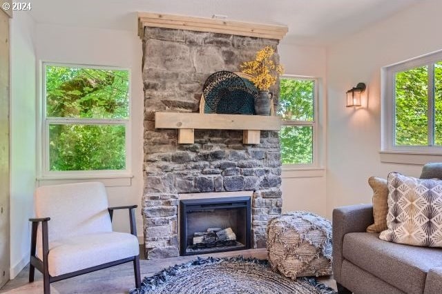 living area featuring a fireplace