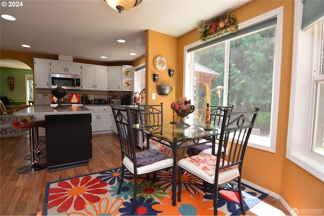 dining room featuring dark hardwood / wood-style flooring and a healthy amount of sunlight