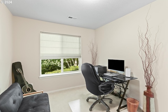 office featuring carpet flooring, visible vents, and baseboards