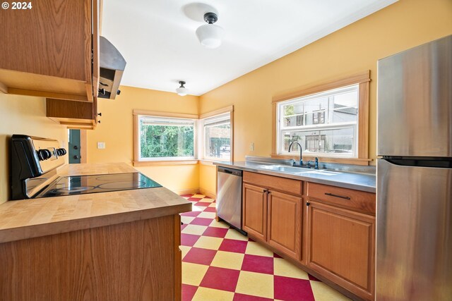 kitchen with butcher block counters, sink, and stainless steel appliances