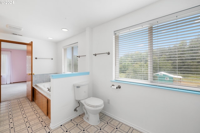 bathroom with toilet, plenty of natural light, and a washtub