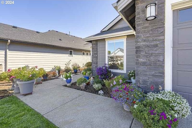 doorway to property featuring stone siding and a patio