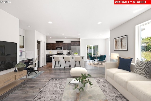 living room with dark wood-type flooring