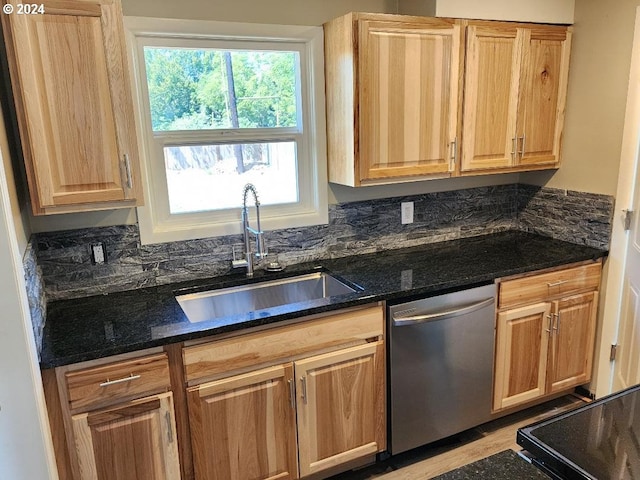 kitchen with sink, range, dishwasher, and dark stone counters