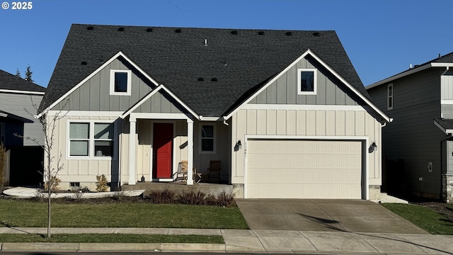 modern farmhouse featuring crawl space, board and batten siding, and a shingled roof