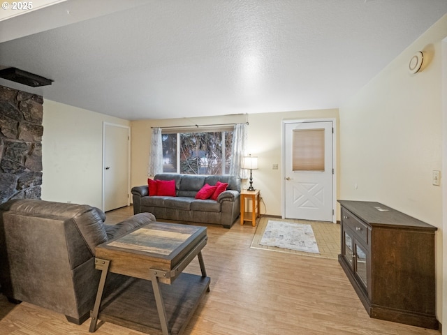 living room with a textured ceiling and light wood-type flooring