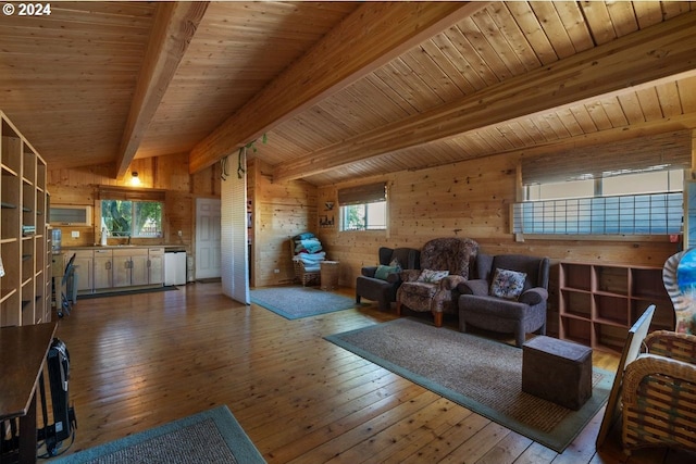 living room featuring beamed ceiling, wood ceiling, and wood walls