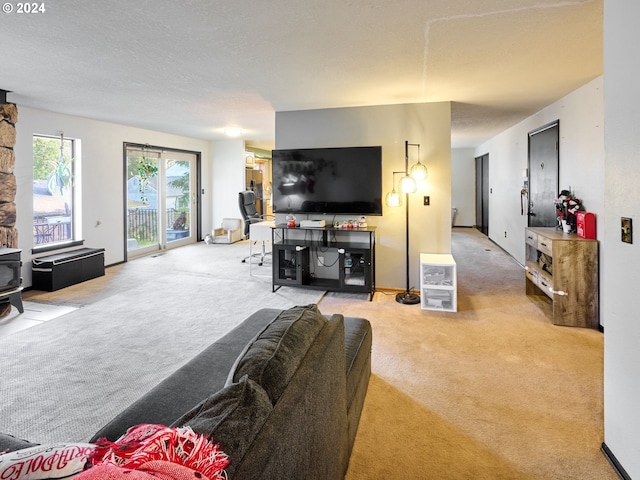 living room featuring light colored carpet and a textured ceiling