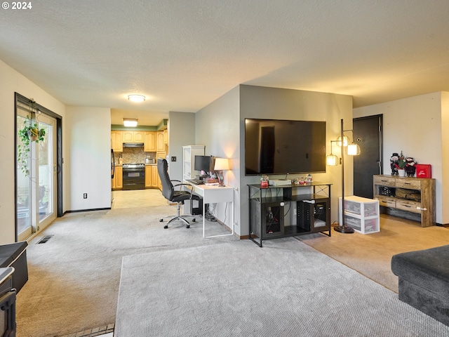 carpeted living room featuring a textured ceiling