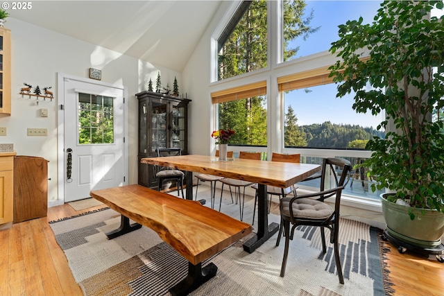 dining space with a healthy amount of sunlight, high vaulted ceiling, and light hardwood / wood-style flooring