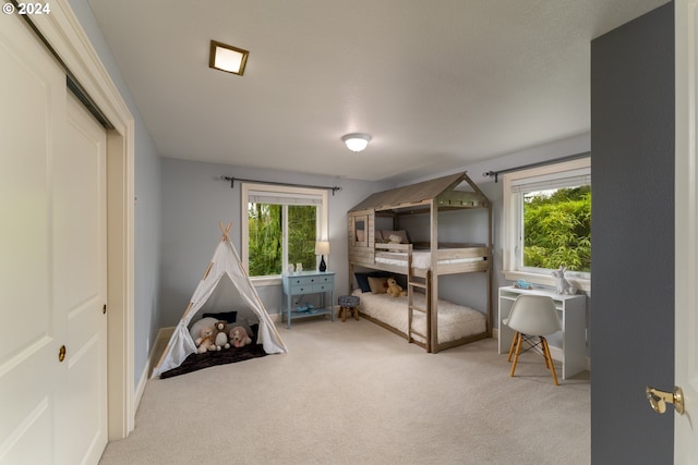 bedroom with multiple windows, carpet floors, and baseboards