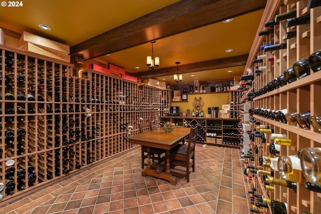 wine cellar with beam ceiling, recessed lighting, and tile patterned floors