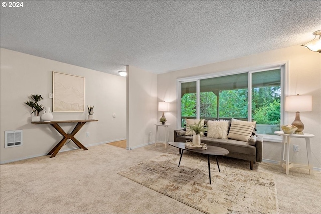 living room featuring light carpet and a textured ceiling