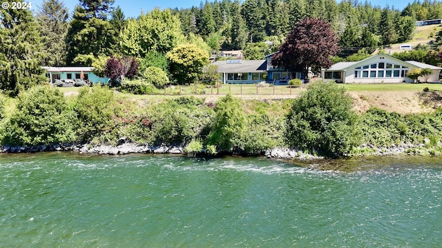 drone / aerial view with a water view