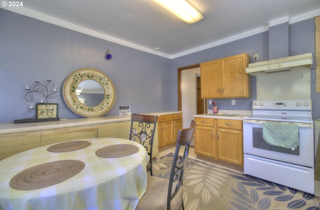 kitchen featuring wall chimney exhaust hood, crown molding, and white electric range oven