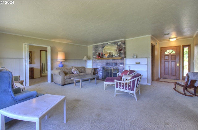 living room featuring light carpet, a brick fireplace, a textured ceiling, and ornamental molding