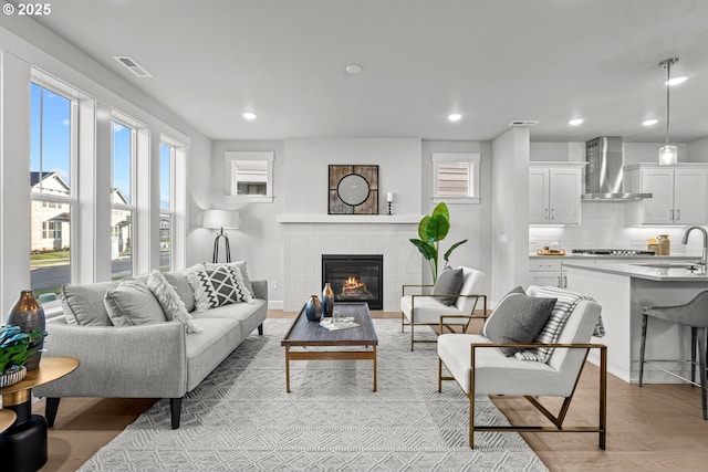 living room featuring sink, a fireplace, and light wood-type flooring