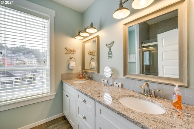 bathroom with tasteful backsplash, wood-type flooring, vanity, and a healthy amount of sunlight