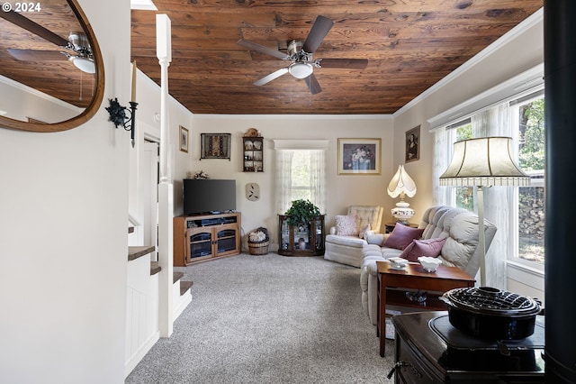 carpeted living room with ornamental molding, ceiling fan, and wood ceiling