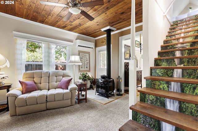 living room featuring an AC wall unit, wooden ceiling, ornamental molding, and a wood stove