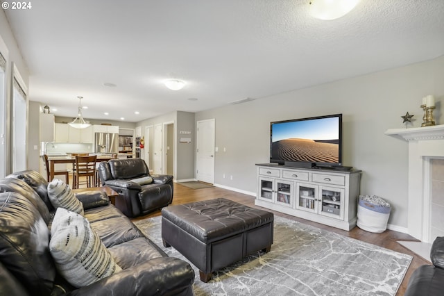 living room with hardwood / wood-style flooring, a fireplace, sink, and a textured ceiling