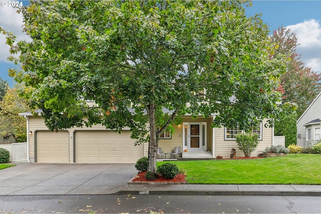 obstructed view of property featuring a front lawn and a garage