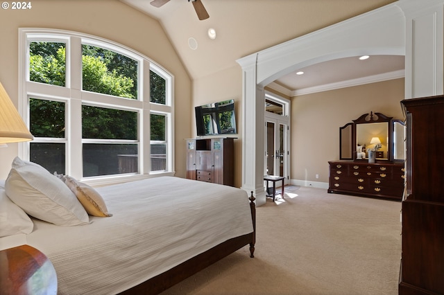12320 NW Sargent Ln, Portland, OR 97231 - bedroom with arched walkways, light colored carpet, lofted ceiling, recessed lighting, and baseboards