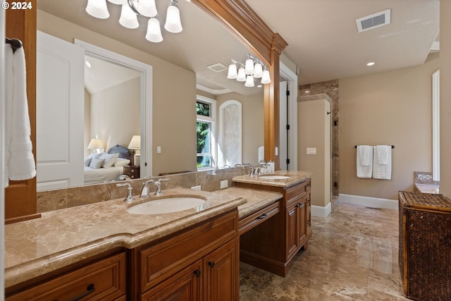 12320 NW Sargent Ln, Portland, OR 97231 - full bath featuring double vanity, a stall shower, ensuite bath, baseboards, and a chandelier