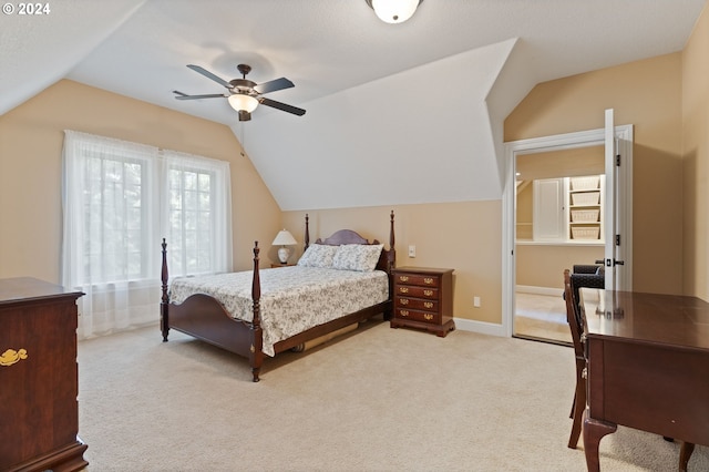 12320 NW Sargent Ln, Portland, OR 97231 - carpeted bedroom with lofted ceiling, ceiling fan, and baseboards