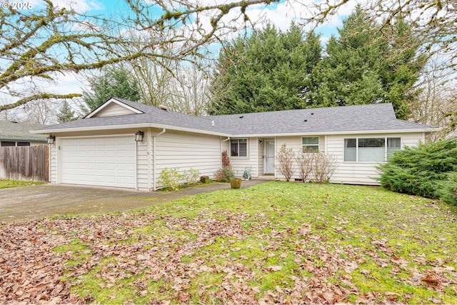 single story home featuring a front yard and a garage